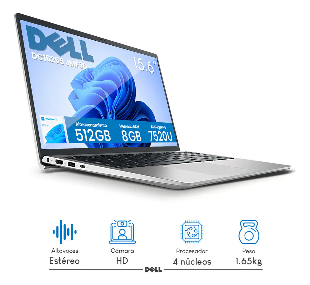 Laptop Dell DC15255 de 15.6 pulgadas en color plata, vista frontal