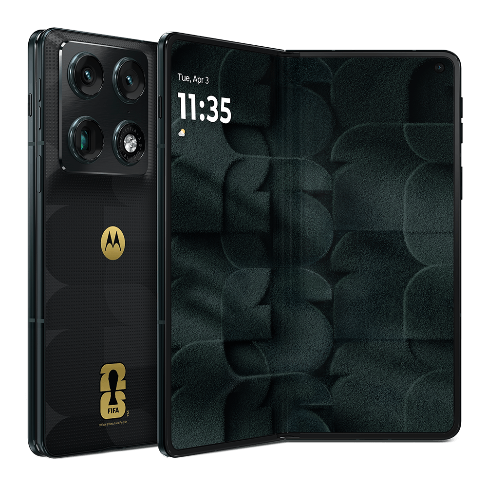 Motorola Razr Fold FIFA World Cup 26 Collection 5G 1TB 16GB RAM en color Negro, abierto, pantalla interior y reverso