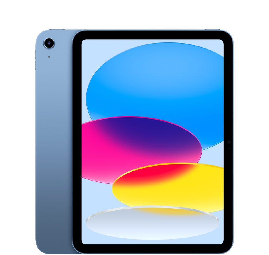 iPad (A16) de 11 pulgadas en color azul, vista frontal y trasera