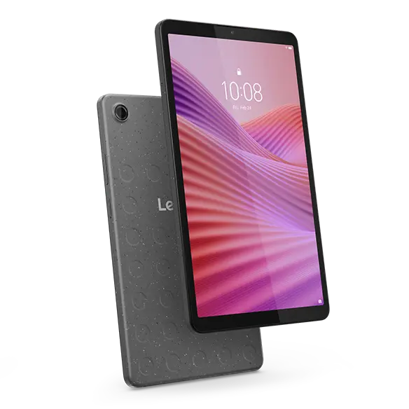 Lenovo Tab One en gris oscuro (Luna Grey), vista frontal y trasera