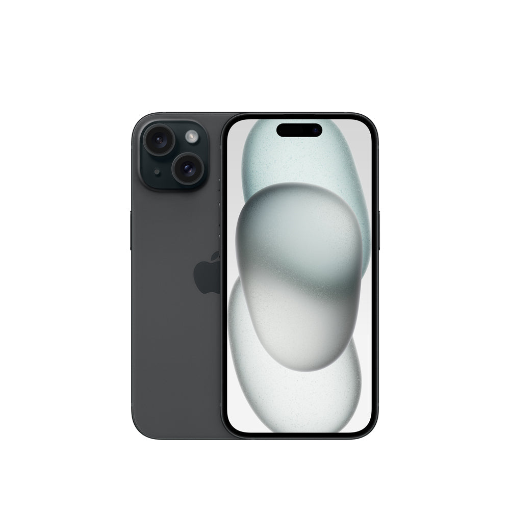 iPhone 15 128GB caja abierta en negro, frente y reverso