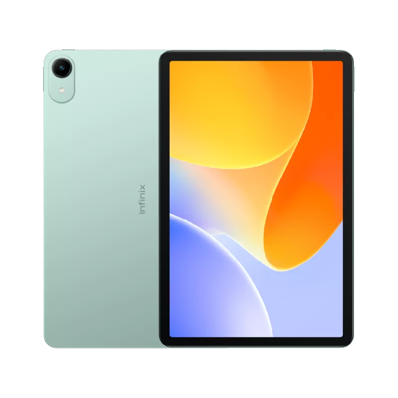 Infinix Xpad 30E en color verde (Forest Green), vista frontal y trasera